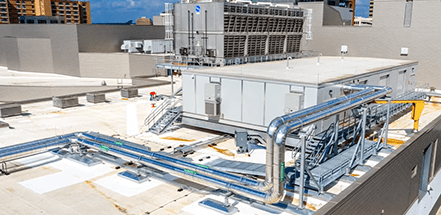 Chilled water cooling pipes on the roof of a building